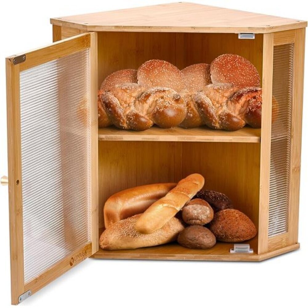 Double Layer Bamboo Bread Box Corner Kitchen Storage